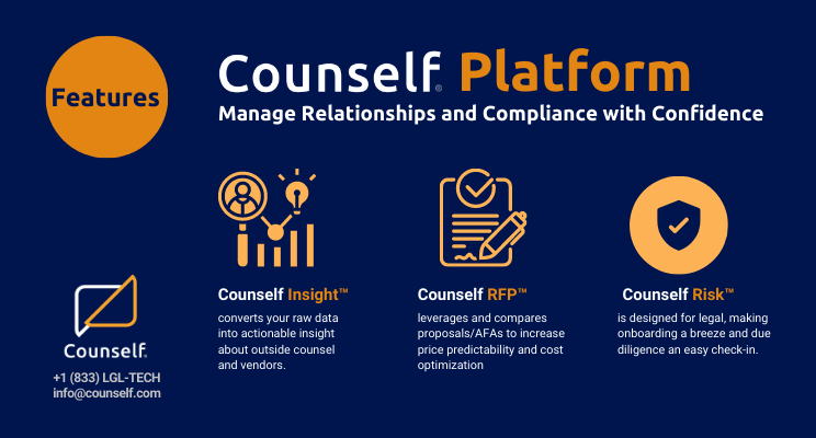 Counself_Inc's tweet photo. Designed with legal workflows in mind for legal professionals, Counself modules can be used in tandem or individually to streamline invoice review, simplify RFPs, and optimize outside counsel and vendor risk management. Learn more: https://t.co/XiX1srkcxE #Counself #legaltech https://t.co/sJp3nYLYr2
