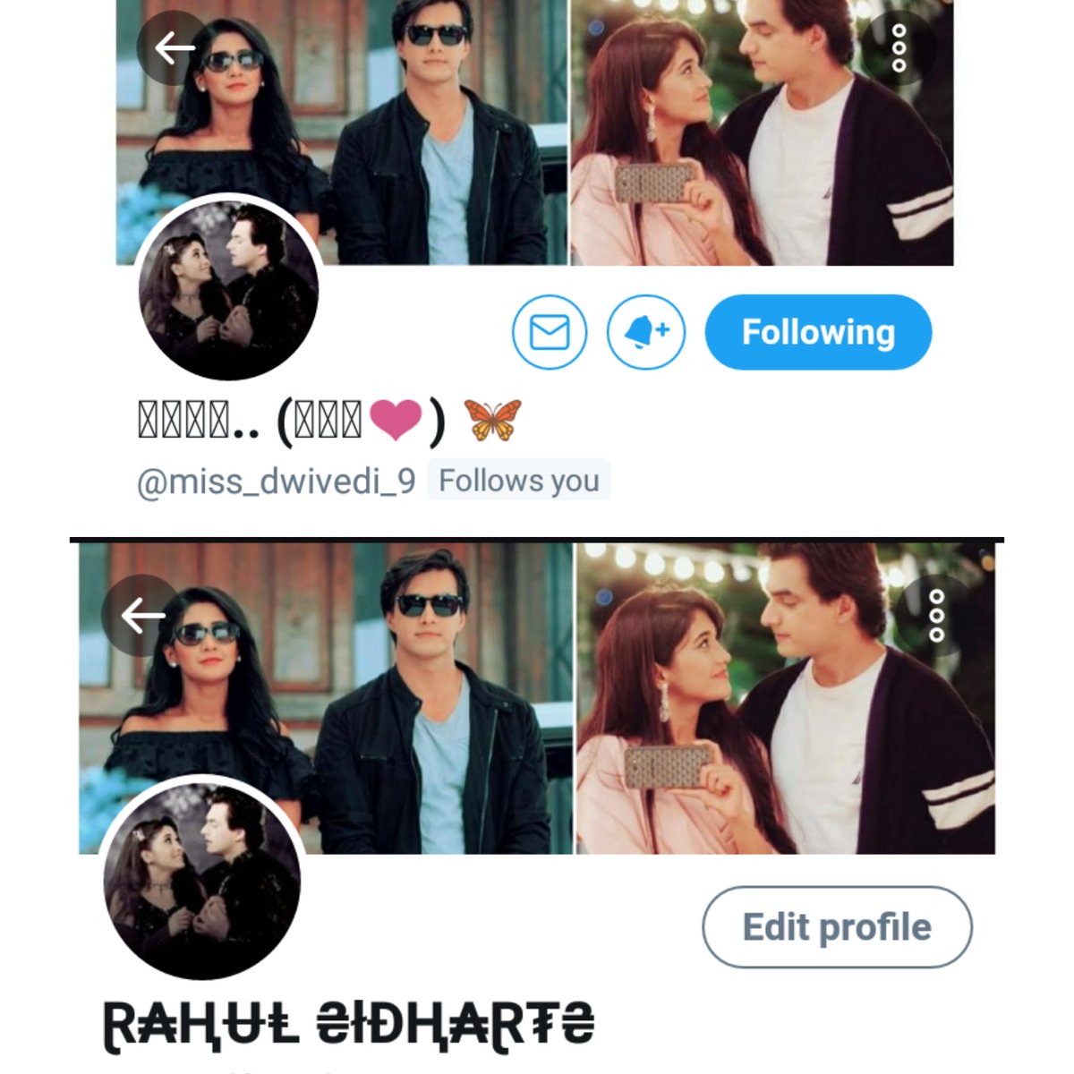 Myself_raul's tweet photo. Layout matching with my friend @miss_dwivedi_9 โค๏ธ
Akku as Shivangi๐
Rahul as Mohsin ๐
#Layoutmatching https://t.co/GV50w4JRLs