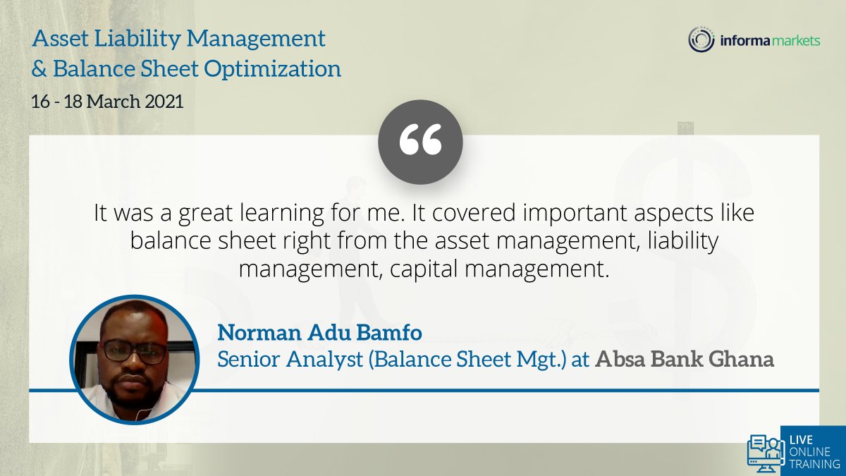 IM_Conferences's tweet photo. Mr. Norman Adu Bamfo Shares his feedback on Asset Liability Management and Balance Sheet Optimization Workshop.

#treasury #finance #liquidity #accounting #deposits https://t.co/4yQikxdIar
