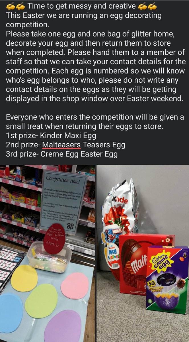 All ready for our Easter Egg decorating competition at Farsley. Looking forward to seeing another colourful window display this weekend!
<a href="/FarsleyStore/">Carol Gray</a> @guy_sandell2 <a href="/mazieblake12345/">Richard Wilkinson</a> <a href="/furnivalderek/">Derek Furnival</a> <a href="/coopuk/">Co-op</a>