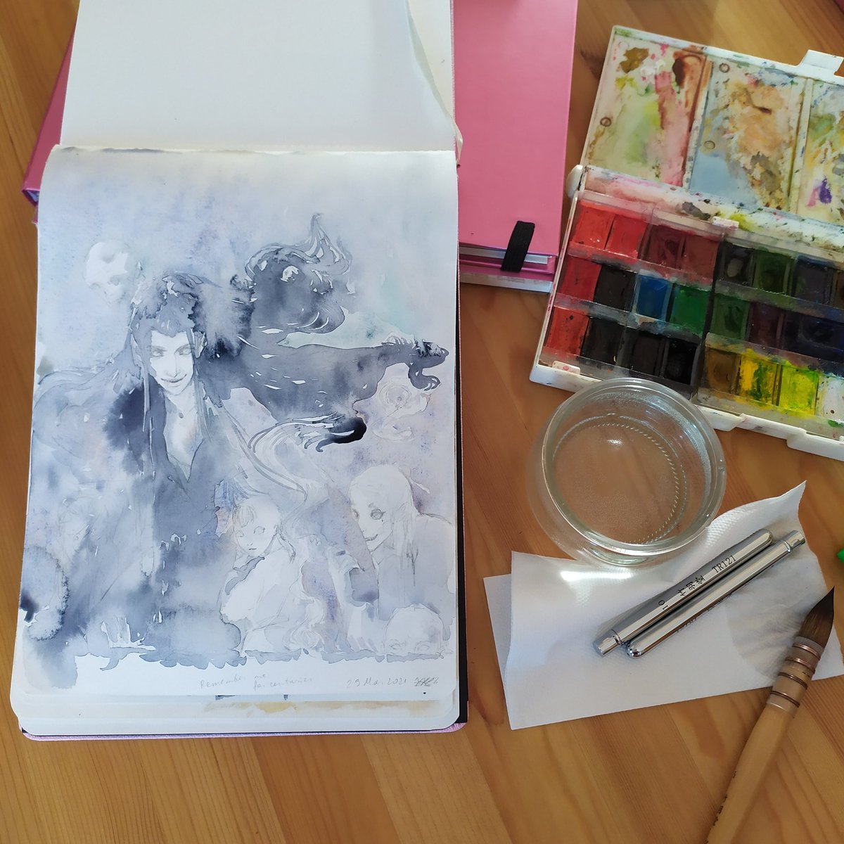 Dolldreamer4's tweet photo. Behind the scene pic of my table. Each morning it is cluttered with watercolors, brushes and my pink drawing paper blocks. Add a touch of Yi city insanity and a fitting soundtrack, and let the magic happen.
#mdzsfanart  #xueyangfanart #drawingtable https://t.co/rMz9Sn2Eqk