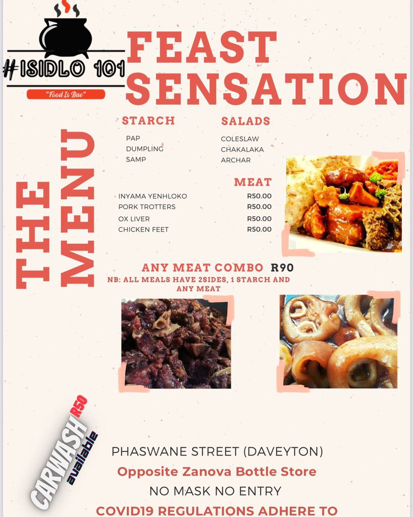 Thulz547's tweet image. Please do join ISIDLO101 From the 2nd - 5th of April 2021 eDaveyton, from 10 Ekuseni until late. Cooler Box and Hubbly are welcome.
Carwash also available onsite 

OPPOSITE KA ZANOVA eDaveyton
#Isidlo101 
#Easterweekendvibes
#Carwashvibes