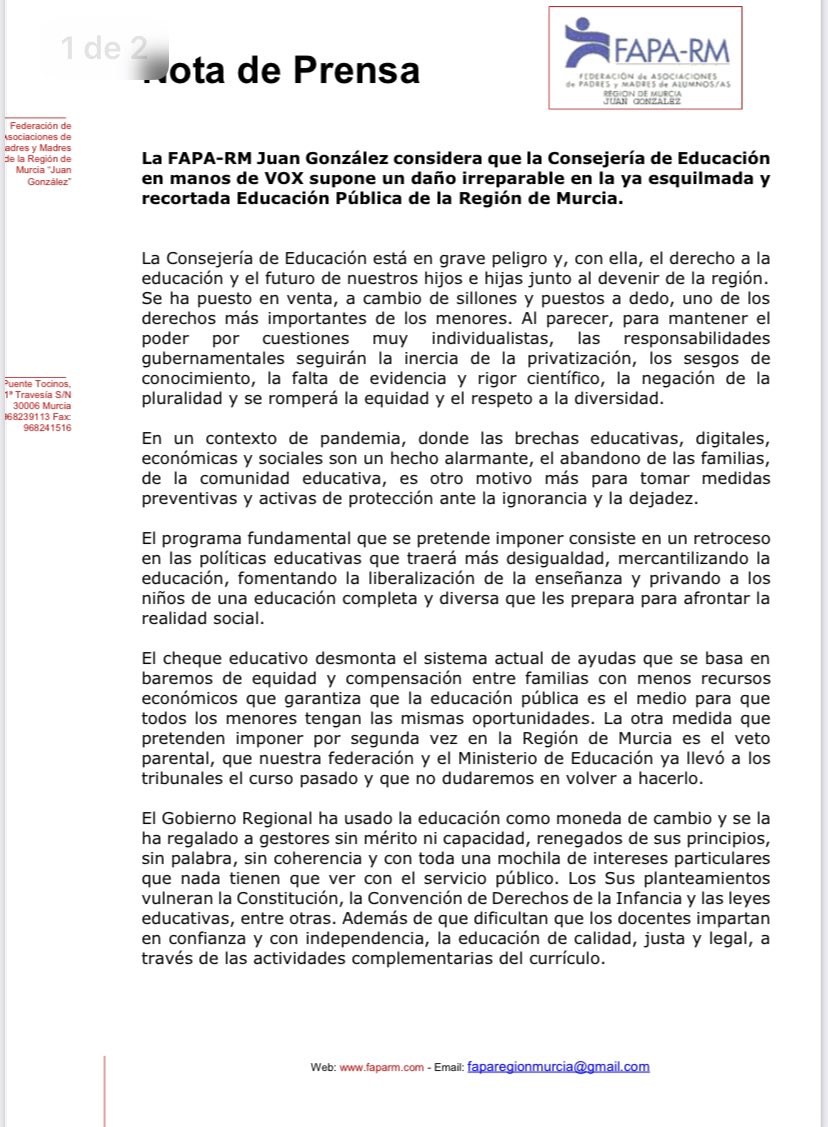 FAPARM's tweet photo. La FAPA-RM Juan González considera que la Consejería de Educación en manos de VOX supone un daño irreparable en la ya esquilmada y recortada Educación Pública de la Región de Murcia. @ceapa_oficial https://t.co/2xohZVA2Ve