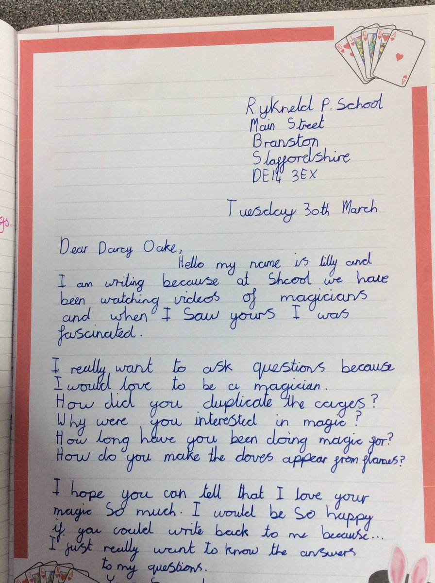 RykneldS's tweet photo. Year 4 have been reading ‘Houdini’s Box’ in English which inspired them to find out about other famous magicians. The children decided to write a letter asking a magician of their choice if they will share their secrets! @Dynamomagician  @DarcyOake https://t.co/tcWWGPq9Lf