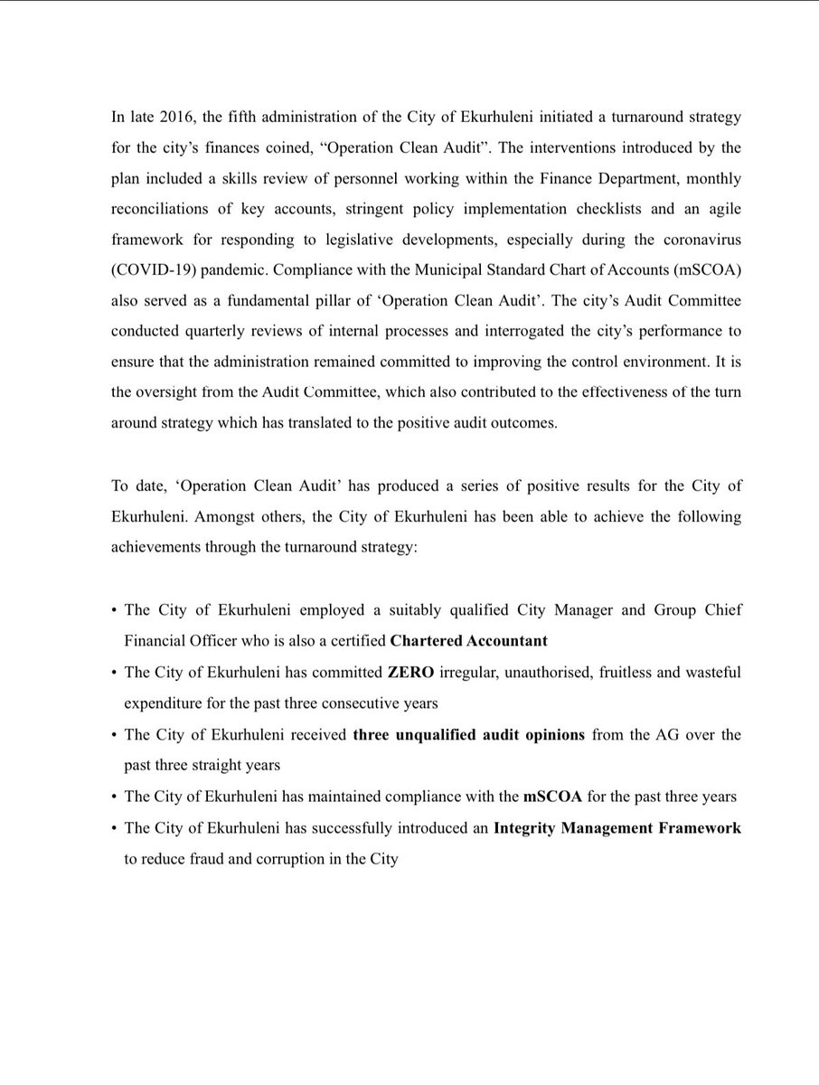 mzwandileMasina's tweet photo. BREAKING: The @City_Ekurhuleni receives a Clean Audit opinion from the Auditor General of South Africa for the 2019/2020 Financial Year https://t.co/3oLTc9B2p0