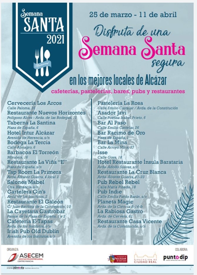 alcazar_turismo's tweet photo. La Hostelería de #AlcázardeSanJuan te recibe con los brazos abiertos y todas las medidas de seguridad durante esta #SemanaSanta2021. .#EsHostelería #EsCalidad #EsAlcázar #tancerca https://t.co/5VvW2NpE0F