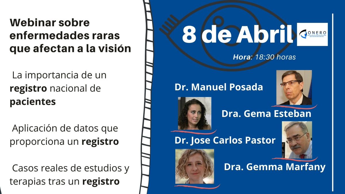 Webinar sobre enfermedades raras que afectan a la visión.
* Día:8 de abril a las 18:30 horas. 
* Agradecidos por la participación de:

-Dr. Manuel Posada
-Dra. Gema Esteban 
-<a href="/jcpastorj/">Jose Carlos Pastor J🇺🇦</a> 
-<a href="/GMarfanyN/">Gemma Marfany Nadal</a>  
Inscríbete:
docs.google.com/forms/d/e/1FAI…