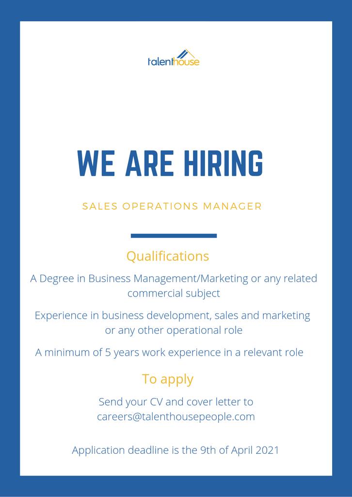 TalentHouseZM's tweet photo. Our client is looking for an experienced Sales Operations Manager to join their team.

Please send your CVs to careers@talenthousepeople.com https://t.co/xX45ug6YTO