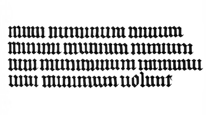 tuCpakoa's tweet photo. Au 14e siècle, des moines copistes ont écrit cette petite énigme pour montrer que les lettres latines "i" "l" "m" "n" "u" en écriture gothique, pourraient facilement être confondues : 

"mimi numinum niuium minimi munium nimium uini muniminum imminui uiui minimum uolunt" https://t.co/OVCePcVZ2s