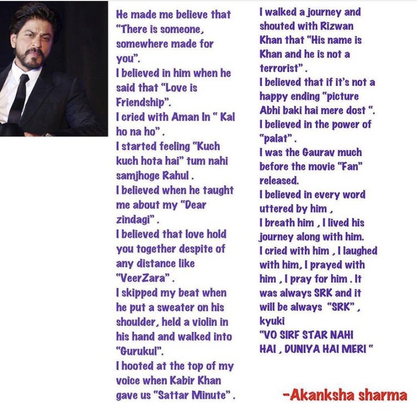 WriterAkanksha's tweet photo. @iamsrk I have been posting this since long. Just in hope that one day you will come across this. 
Fingers crossed for this time too.
From your truest fan♥️
#AskSRK https://t.co/ZMnM2kG8Yb