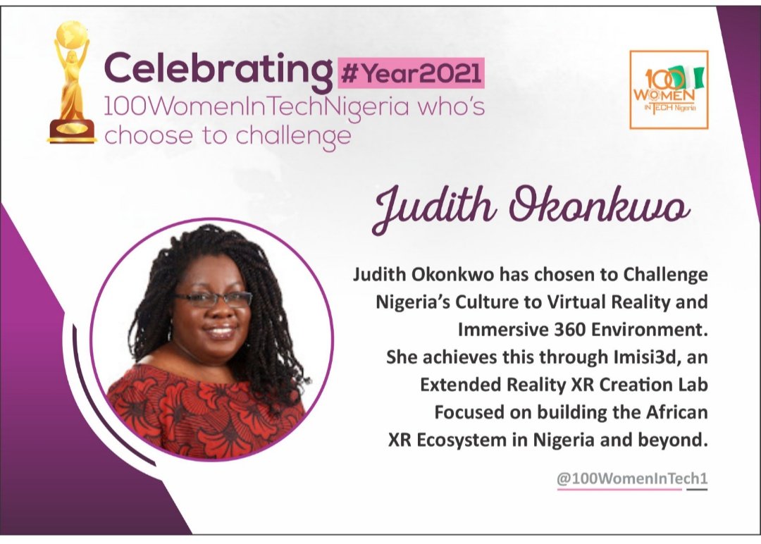 100WomenInTech1's tweet photo. Drumroll @Judithoko of @Imisi3d has #ChooseToChallenge Nigeria's #VirtualReality and #Immersive360 Environment. She's definitely redefining the African #ExtendedReality #XR Ecosystem in Nigeria Congratulations 🎉🎉 Ma'am 2021 #100WomenInTechNigeria🇳🇬♀️ 1/100 https://t.co/6Tu9A3WpMd