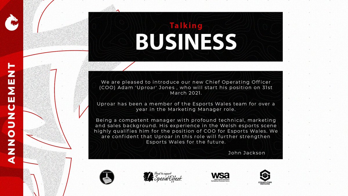 EsportsWales's tweet photo. Following the restructure it's great to announce the new Chief Operating Officer @AdamWarrenJones!! 
#RepTheDragon https://t.co/jLBtthIQc5