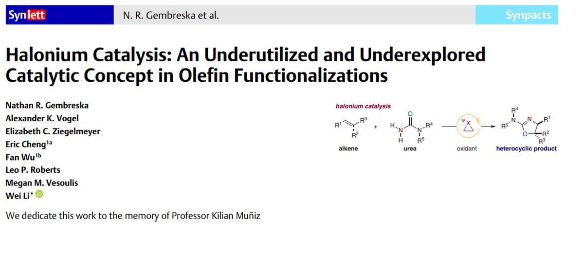 thiemechemistry's tweet photo. #𝗦𝘆𝗻𝗽𝗮𝗰𝘁𝘀 are short personalized articles featuring breakthroughs by young authors in 'hot' areas, within the general context of the field #Synlett
💠 Enjoy this one written by Wei Li @UToledo and co-workers on #halonium catalysis 💠 👉https://t.co/BacQRF5GOu https://t.co/otsi46mX0y
