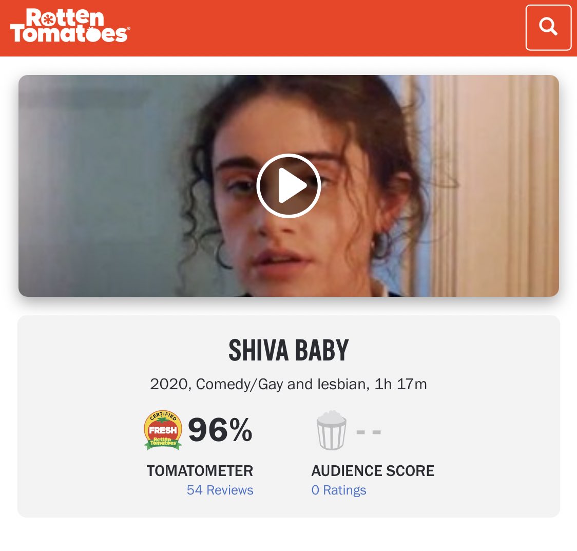 Emma Seligman's SHIVA BABY starring Rachel Sennott is certified fresh with a 96% rating on Rotten Tomatoes