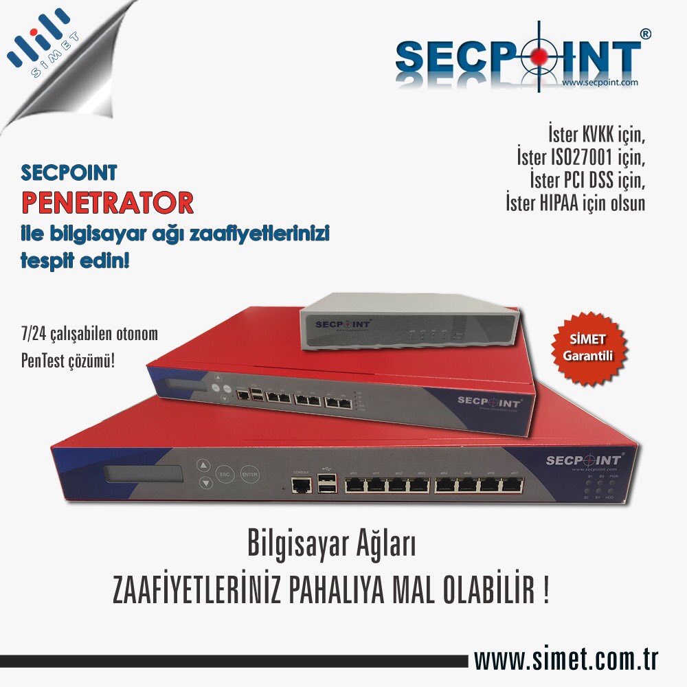 SinanBedir2's tweet photo. Bilgi Güvenliği Zaafiyetleriniz hem sizi hem müşterilerinizi vurur! 
#simet #simetas #simetteknoloji #simetbilisim #simetbilişim #secpoint #penetrator #pentest #penetrasyon #penetrasyontesti #utm #utmfirewall #utmfw #zaafiyet #networkzafiyettesti #pentesttools @SimetAS @secpoint https://t.co/nUQ3Ep8aVJ