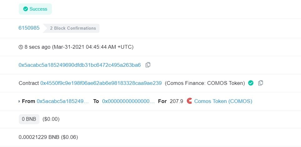 We just Buyback and Burned 207.9 COMOS
Buy: bscscan.com/tx/0xb7525f389…
Burn: bscscan.com/tx/0x2cfab031e…
<a href="/ComosF/">Comos Finance</a> #YieldFarming #BinanceSmartChain #Bitcoin #BNB #DeFi #crypto #bitcoin #COMOS