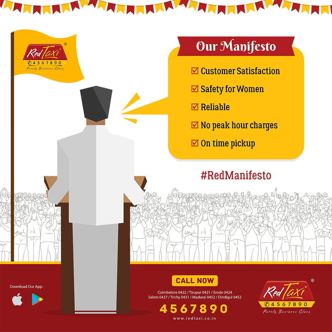 When all parties are reading/giving out manifestos, we thought it’s time for us to give ours too

Download the App Now: onelink.to/hn7y6u

#RedManifesto #Election2021 #TamilNaduElections2021 #manifesto #RedTaxi