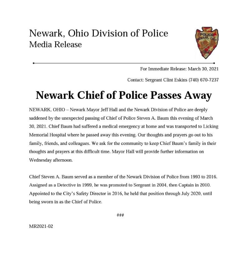 NewarkOHFire's tweet photo. Thoughts and prayers for the family and colleagues of Newark Police Chief Steve Baum. His unexpected passing is so sad. Rest In Peace Chief. https://t.co/u8YpiZHTeo