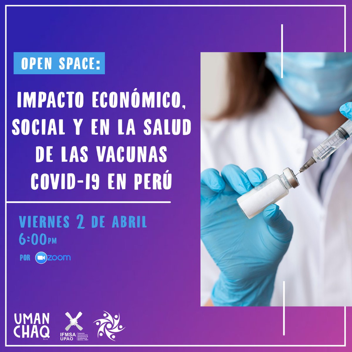 IFMSAUpao's tweet photo. Estimados IFMSA lovers y público en general.

Esperemos que se encuentren muy bien. Continuando con las actividades previas al ciclo 2021-1.
Les traemos el siguiente open space:

IMPACTO DE LAS VACUNAS COVID-19 EN PERÚ

Para unirte: https://t.co/t4aVVBbbyM https://t.co/8VFN6D9gjq