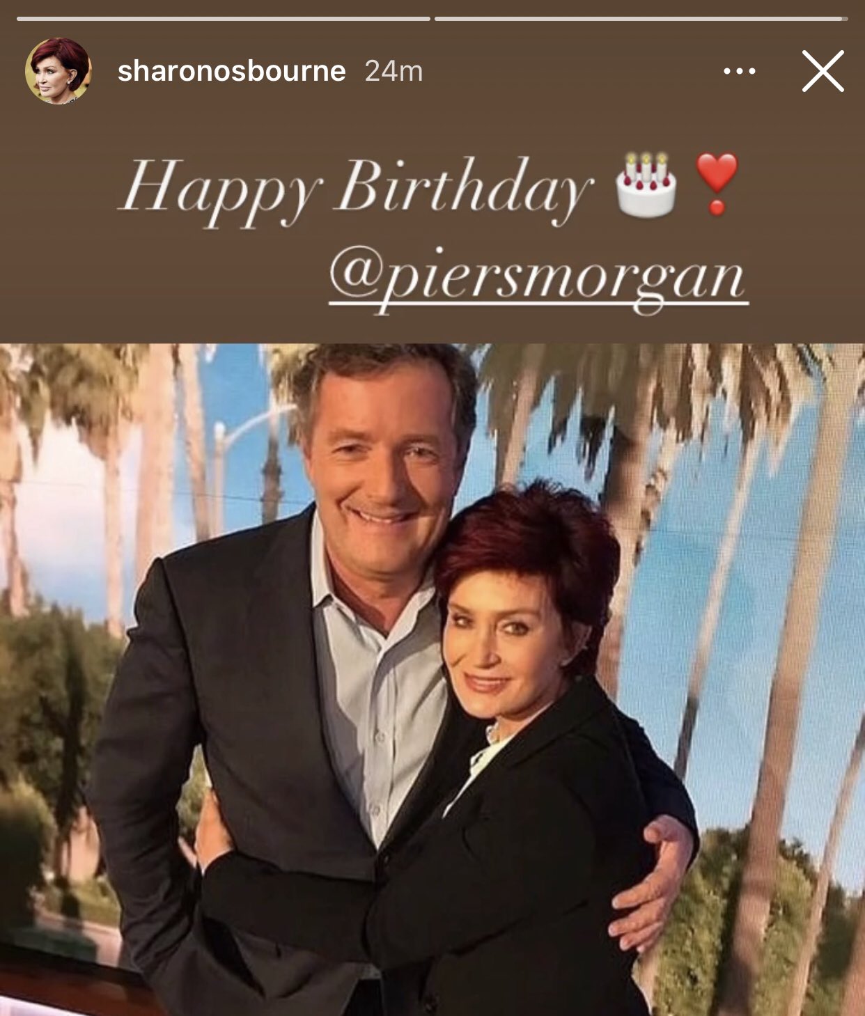 Sharon Osbourne wishes Piers Morgan a Happy Birthday on her Instagram. 