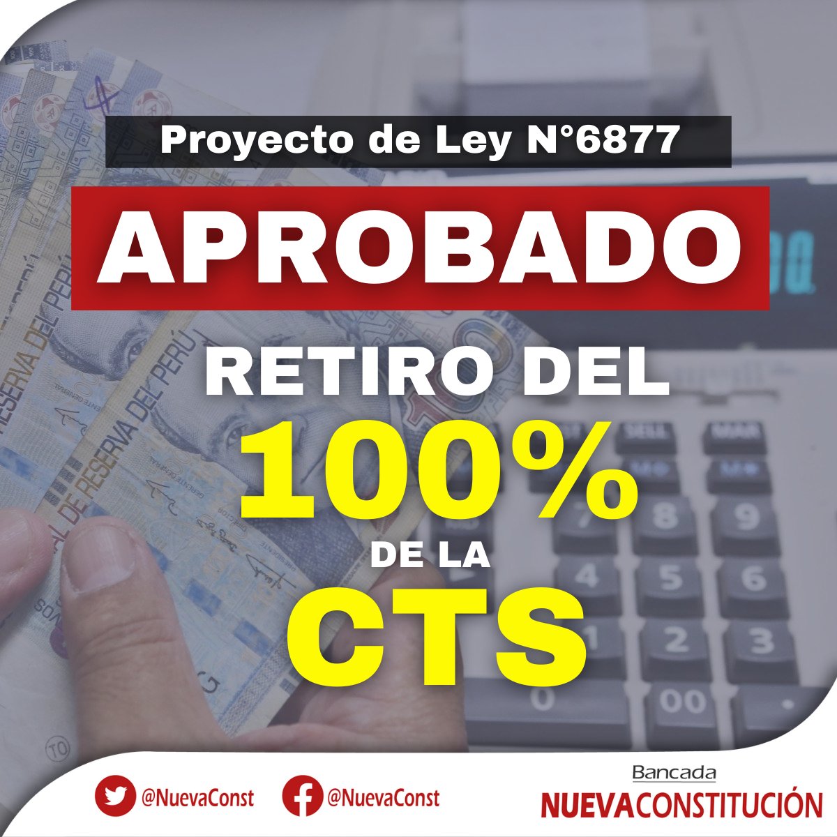 NuevaConst's tweet photo. ¡Aprobamos en el Pleno del @congresoperu el retiro del 100% de la CTS!

El Proyecto de Ley N°6877 autoriza por única vez y hasta el 31 de diciembre de 2021, a los trabajadores de disponer libremente del 100% de los depósitos por #CTS en las entidades financieras. (1/2) https://t.co/8xCfUVZMUK