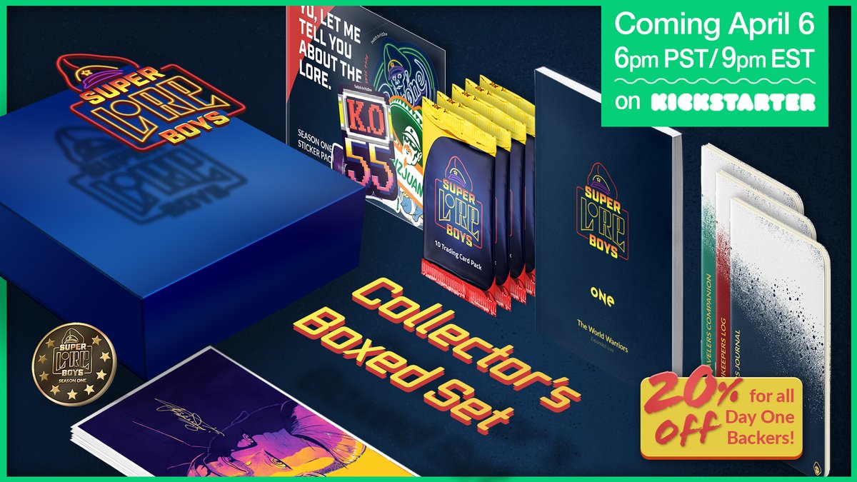 Super Lore Boys Season One Collector's Set is coming to #Kickstarter on Apr 6 at 6pm PDT/ 9pm EDT. All Day One backers get 20% off! Early support is vital to the success of a campaign. Sign up to get notified when we launch! bit.ly/3dmK9HC

Retweets &amp; likes appreciated!!