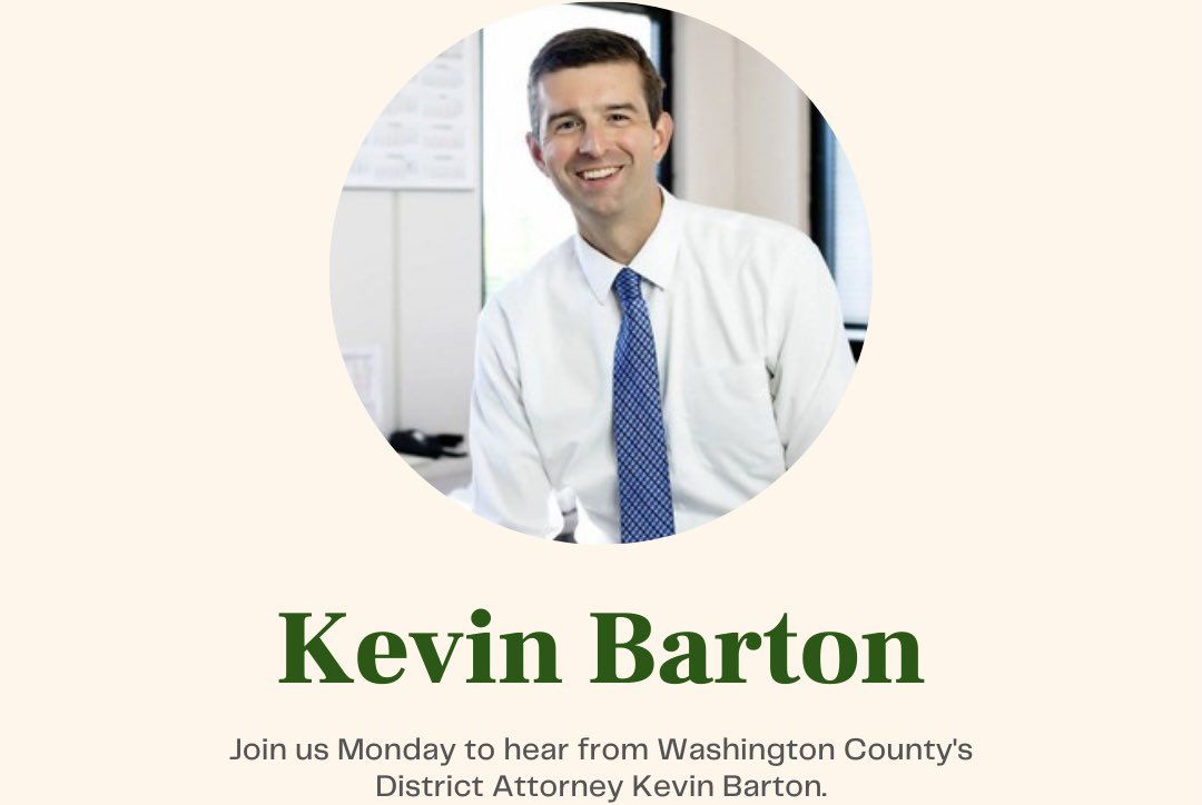 Join the Forum Monday April 5th at noon as we hear from <a href="/washco_da/">Washington County District Attorney's Office</a> Kevin Barton. Free to join, questions to the speaker is for members during last portion of the forum. washingtoncountyforum.org/april-5-12-p-m/