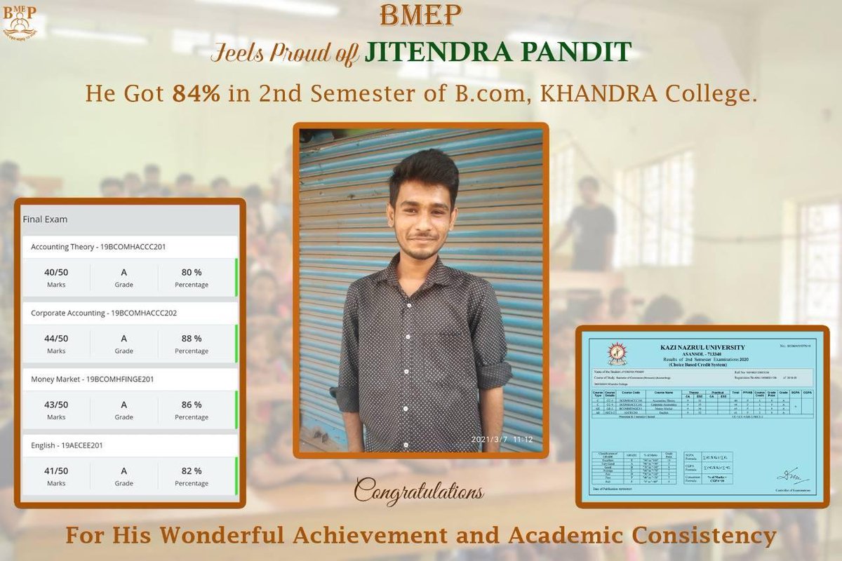 TeamBMEP's tweet photo. We, the volunteers, gladly announce that an ex-student of BMEP, Jitendra Pandit, secured 84% in his second semester of https://t.co/bujDoOY7Vw, Khandra College. 
https://t.co/JfnCyyH7wT
https://t.co/v0YqLzDuE4 https://t.co/pxXhsCvVBZ