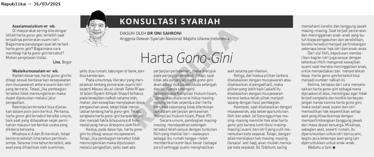 onisahronii's tweet photo. Harta Gono-Gini

(Koran Republika, Rabu/31 Maret 2021, hal 10, Konsultasi Syariah ke 360, Hadir setiap Senin, Rabu &amp; Jumat) https://t.co/El3hQgXFuL