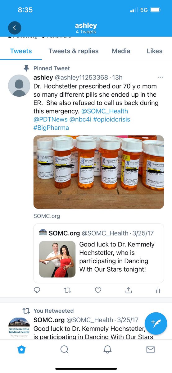 @SOMC_Health My 70 year old mother is currently in withdrawals from all the meds prescribed by this doctor @PDTNews @nbc4i #opioidcrisis stop deleting the truth , unsuspend my sister #wewillnotbesilenced #freeashley #pillmill