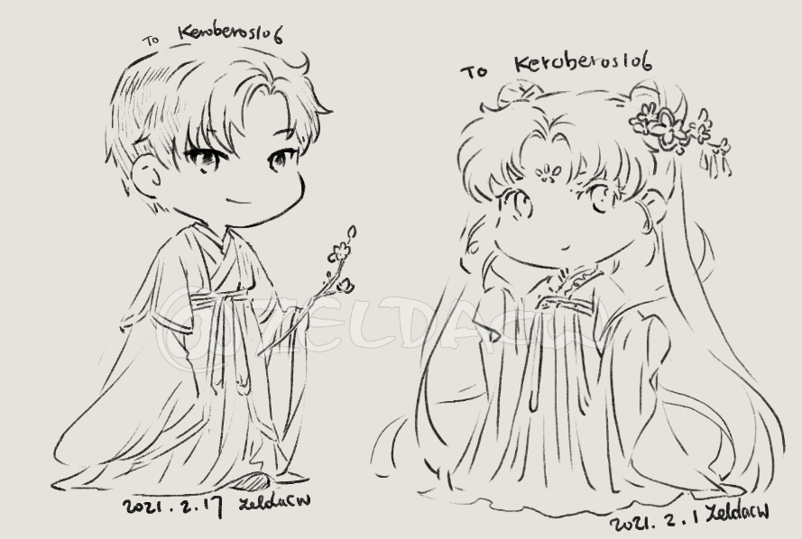 Some chibi doodles redeemed during my art stream on twitch :3  *do not use or repost.

P1 Mamoru &amp; Usagi 
P2 Lan XiChen and LieBing (spirit) 
P3 Lan jingyi &amp; Sizhui  
P4 sleepy Wen RuoHan and beardless Lan QiRen 