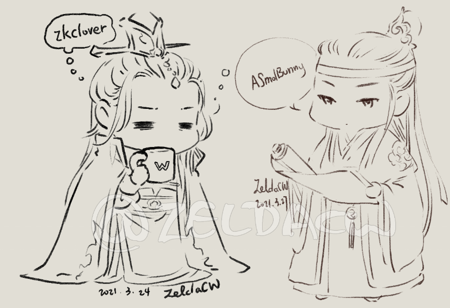 Some chibi doodles redeemed during my art stream on twitch :3  *do not use or repost.

P1 Mamoru &amp; Usagi 
P2 Lan XiChen and LieBing (spirit) 
P3 Lan jingyi &amp; Sizhui  
P4 sleepy Wen RuoHan and beardless Lan QiRen 
