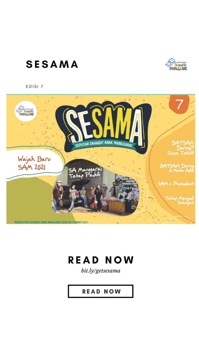SAManggarai's tweet photo. Hooray!!!! 🎉🎉🥁🥁
SESAMA (Seputar Sahabat Anak Manggarai) Edisi Ke - 7 sudah terbit 😊
SESAMA Edisi ke-7 ini adalah newsletter pertama Sahabat Anak Manggarai di tahun 2021 loh 😁 
Banyak kegiatan seru yang dilakukan oleh Sahabat Anak Manggarai untuk mengawali Tahun 2021. 💪💪 https://t.co/RwO0IIMlUk