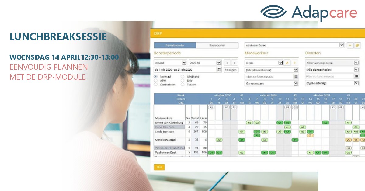 Adapcare's tweet photo. Het aanbod aan diensten dynamisch afstemmen op de zorgvraag. Tijdens de lunchbreaksessie laten we je zien hoe je eenvoudig kan plannen met de DRP-module. Deelnemen? Schrijf je in via: https://t.co/uDGb9qykfN https://t.co/cJCc7r6prG