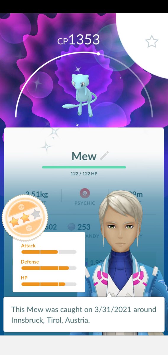 Rickazarus's tweet photo. #ShinyPokemon #๏ธโฃ1๏ธโฃ8๏ธโฃ8๏ธโฃ ๐ฅณ
Here is it - beautiful to look at and ugly in the IV ๐ฅฐ
#PokemonGO #shinyhaunting #allinone151 #ShinyMew #MasterworkResearch https://t.co/7c1xN76zou