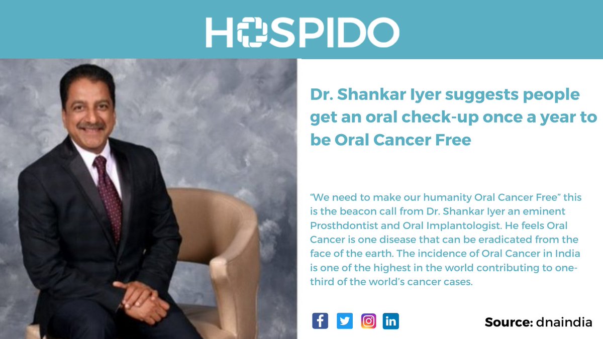 aiqahealth's tweet photo. 𝐃𝐫. 𝐒𝐡𝐚𝐧𝐤𝐚𝐫 𝐈𝐲𝐞𝐫 suggests people get an oral check-up once a year to be Oral Cancer Free
Source: #DNAIndia
#homemedicalservice #CancerData #cancercare #hospido #cancerstatistics #cancerawareness #cancercareindia #cancerindia #cancertreatment https://t.co/vDDVBbdjC1