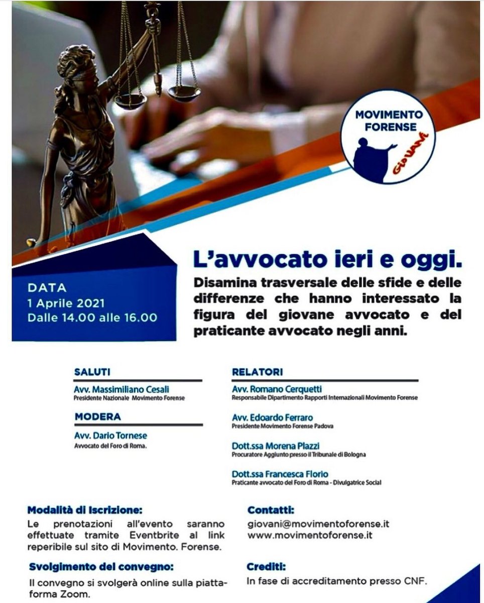 Movimento Forense Giovani #webinar 1.4.2021 ore 14-16 eventbrite.it/e/biglietti-la… <a href="/MCesali/">Massimiliano Cesali</a> <a href="/radiotribunale/">RadioTribunale</a> <a href="/abae1997/">abae</a>