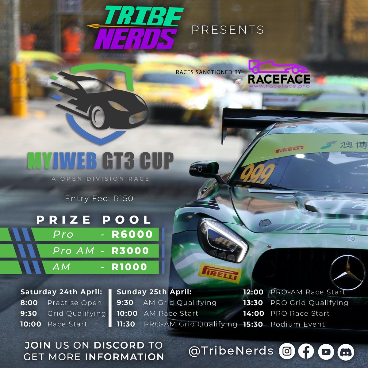 Hey Everyone. The community has spoken and the tribe has listened to try and accommodate everyone. Dates have changed for the event.

-Join our Discord for more info:
discord.gg/3dTvM5Nn8D

#Esports #SimRacing #GT3 #Gamers #CompetitiveGaming #Africa