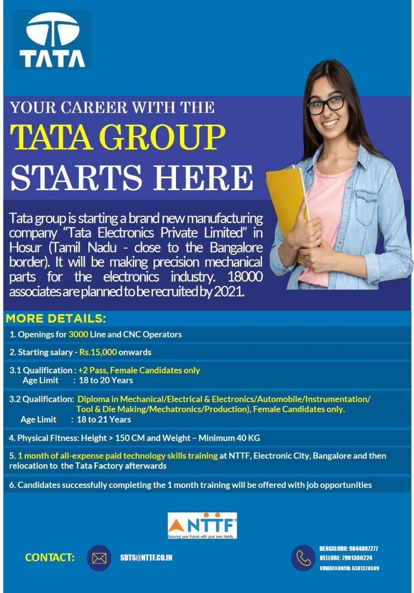 NTTFindia's tweet image. Your Career with the NTTF and TATA Group Starts here 
#TATA_Group #NTTF #Job_Training

Call for Admission :
 Vellore :  7901386224
 Kumbakonam :6381328509 
Bengaluru : 98440 07277