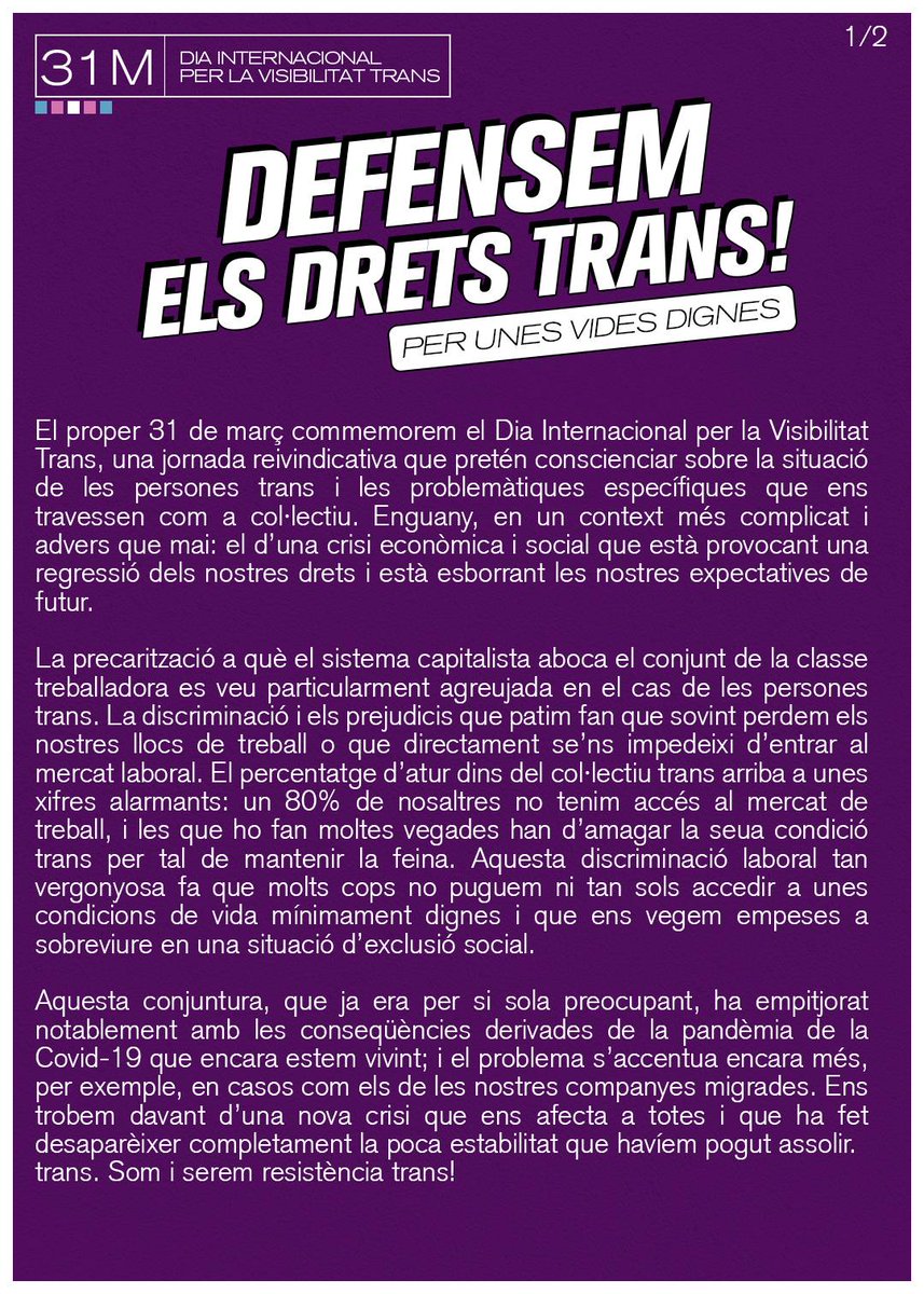 SEPC_nacional's tweet photo. ✊ 31M DIA INTERNACIONAL PER LA VISIBILITAT TRANS

🗣️ "Les trans encara no tenim garantits ni els drets més bàsics que qualsevol persona hauria de tenir"

#PerUnesVidesDignes #DefensemDretsTrans https://t.co/dSVN8NBrHb