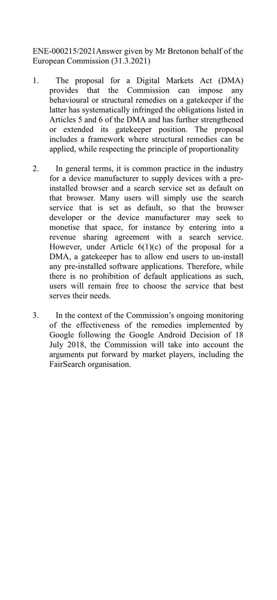 UGambini's tweet photo. 1/3 Good comprehensive answer of @ThierryBreton to @carmenavram on #DMA “In accordance with the proposal for a Digital Markets Act (DPA), the Commission may impose on a gatekeeper any behavioral or structural corrective action if it has systematically breached the obligations... https://t.co/UOE2GMIxas
