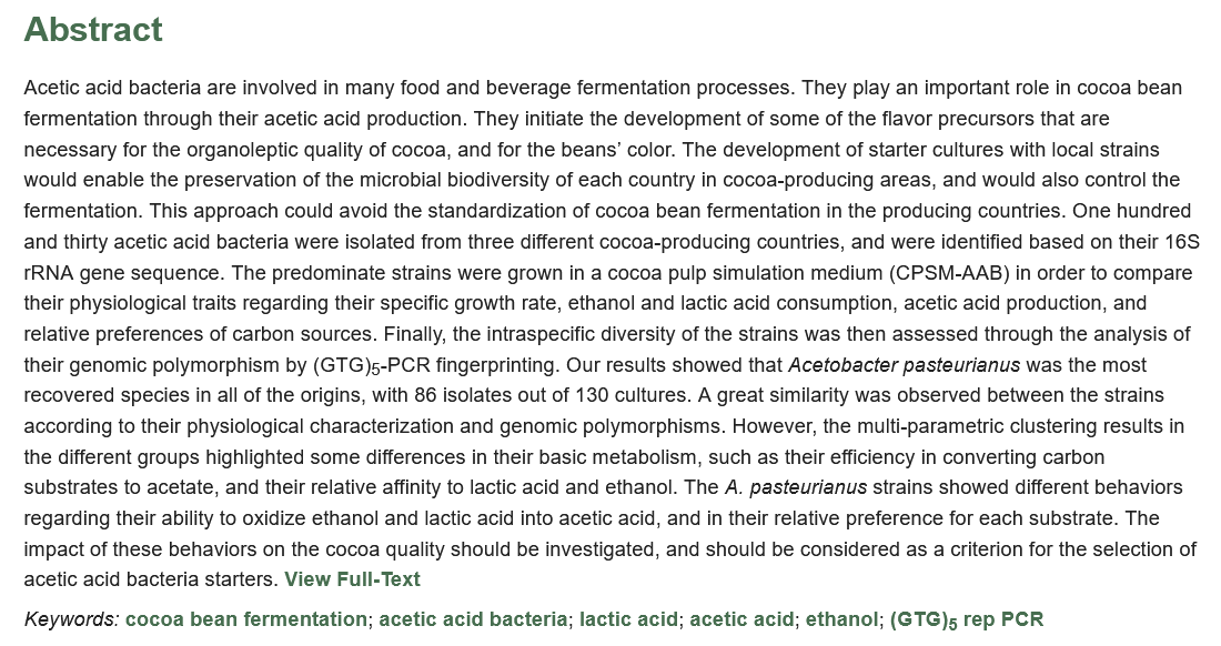 Ferment_MDPI's tweet photo. Towards a Starter Culture for Cocoa Fermentation by the Selection of Acetic Acid Bacteria
website: https://t.co/Cg1R0JSgZy
#lactic_acid; #cocoa_bean_fermentation https://t.co/svM7dDCajM