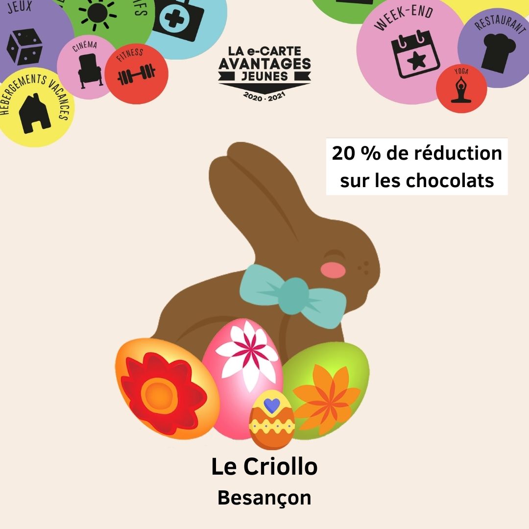 🐰 PÂQUES APPROCHE 🌼✨ Quoi de mieux que de se faire plaisir avec des oeufs en chocolat 🥚🍫 Passe chez Le Criollo 📍 Besançon et bénéficie de 20% de réduction sur la gamme de chocolats grâce à ta e-Carte Avantages Jeunes 🚸
➡️ avantagesjeunes.com/avantage/32017
