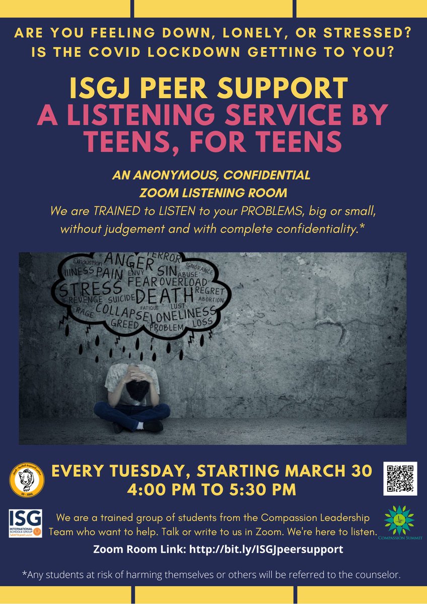 lloveridge's tweet photo. Yesterday, after 4 mos. of work, our #CompassionClub #CompassionSummit Leaders finally launched Peer Support, a #crisis &amp; #suicideprevention Zoom hotline 'by teens for teens'. Proud to have worked w. @ahmedemma on this. @ISGJubail #jaguartale #lead w. #ISGcompassion #teens https://t.co/sV38edVQK7