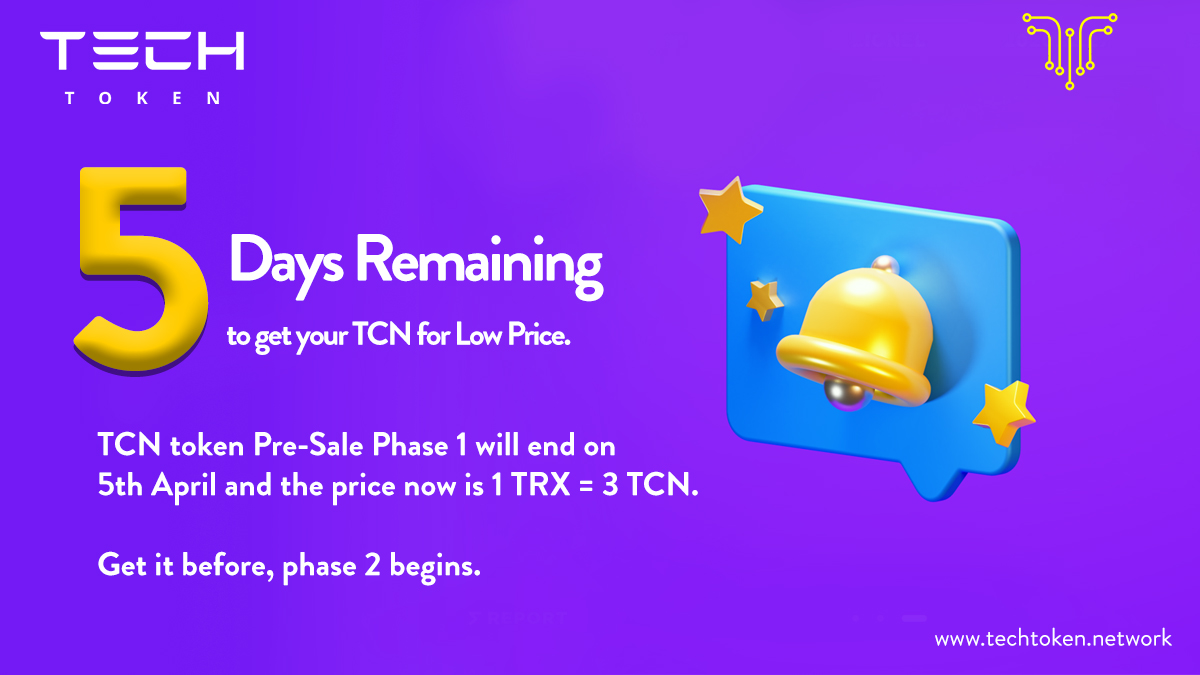 SirLRonHODLer's tweet image. Only 5 days remaining to get FREE 100 $TCN #TechToken AirDrop. This is a Tron Blockchain Based DeFi Platform to Farm and Stake TRX

To get your free tokens, click here tinyurl.com/FreeTCNAirDrop and register

Time is running out. This coin will be listed on exchanges by May 2021