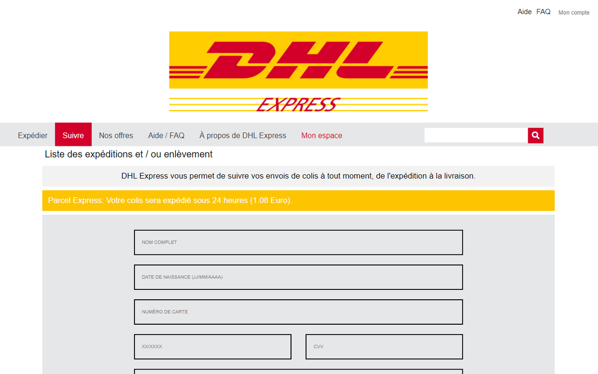 FrPhishing's tweet photo. #phishing  @DHLExpressFr  
-> dhl-express-livraison-colis-france-payment[.]com https://t.co/CxT36S8EO9