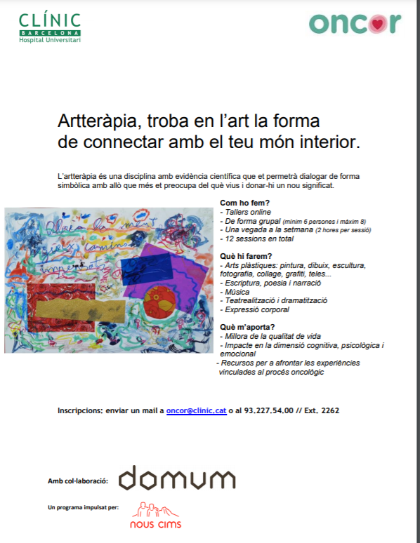 L'Artteràpia com a disciplina. Taller telemàtic els dijous de 9 a 11am. Treballant sempre per millorar el benestar dels pacients oncològics i els seus familiars. Registrat per participar a Oncor@clinic.cat. Us esperem. 
<a href="/hospitalclinic/">Hospital Clínic</a>
 <a href="/begona_mellado/">Begoña Mellado</a>
<a href="/MuozMateu/">Montserrat Muñoz Mateu</a>
@nouscims
