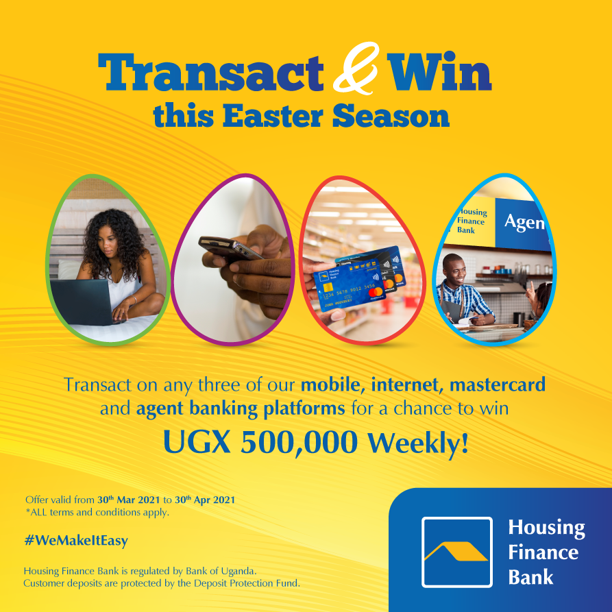 housingfinanceU's tweet photo. This Easter season, HFB is giving you a chance to you win Ugx. 500,000. How? Simply transact on any of our digital platforms which include; 
1. HFB Mobile Banking
2. HFB Internet Banking
3. HFB Master Card
4. Agent Banking.
The more you transact, the more chances of winning. https://t.co/j3LcNiqgS2