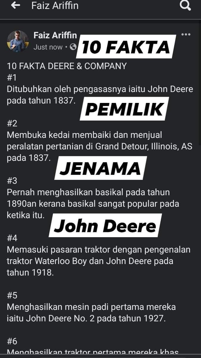 faiz_alone46's tweet photo. 10 FAKTA PEMILIK JENAMA JOHN DEERE
(Pengeluar Mesin Padi, Traktor DLL)
https://t.co/mtu6L3bi0w

#fyp #fypシ #HarimauMalayaHM #sejarah #DeereCompany
#JohnDeere #syarikat #penghasil #pengeluar #alatganti #ganti #kenderaan #jengkaut #backhoe #perhutanan #pengangkutan #teknologi #AS https://t.co/m0EN7XFA8r