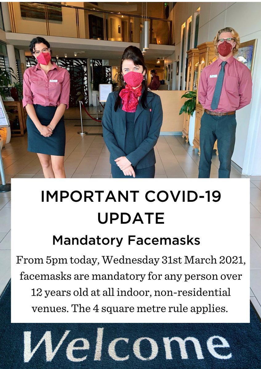 RamadaBallina's tweet photo. Covid-19 Update: MANDATORY FACEMASKS
Facemasks are now mandatory for any person over 12 years old at all indoor, non-residential venues. The 4 square metre rule applies. Please ensure prior to entering our venue that you are wearing your face mask and have sanitised thoroughly. https://t.co/mLRpYEFxWh